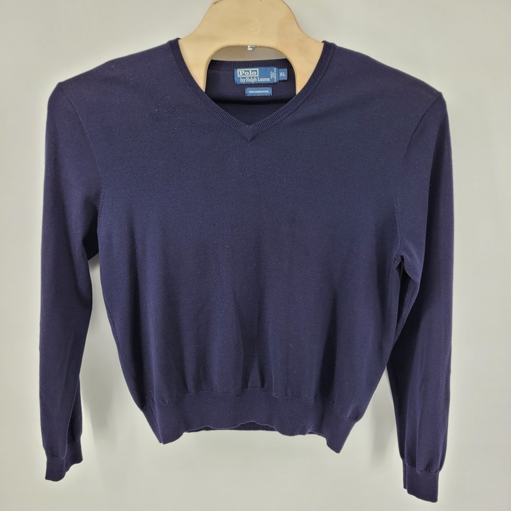 Polo Ralph Lauren Sweater Mens XL Blue 100% Merino Wool V-Neck Pullover